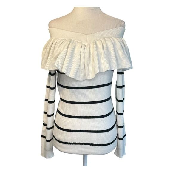Chaser Ruffle Striped Off The Shoulder Sweater Cream Black Ribbed Knit Long Slee - Picture 1 of 10